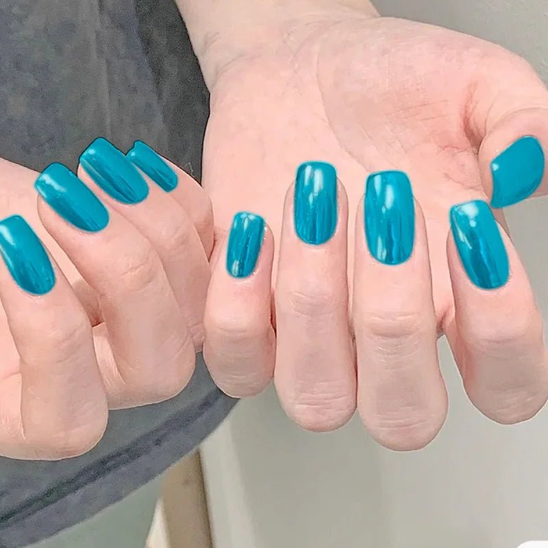 24pcs/set short fake nails metallic red black rose green blue silver golden square tips mirror effect press on false nail art - Hands of Hope