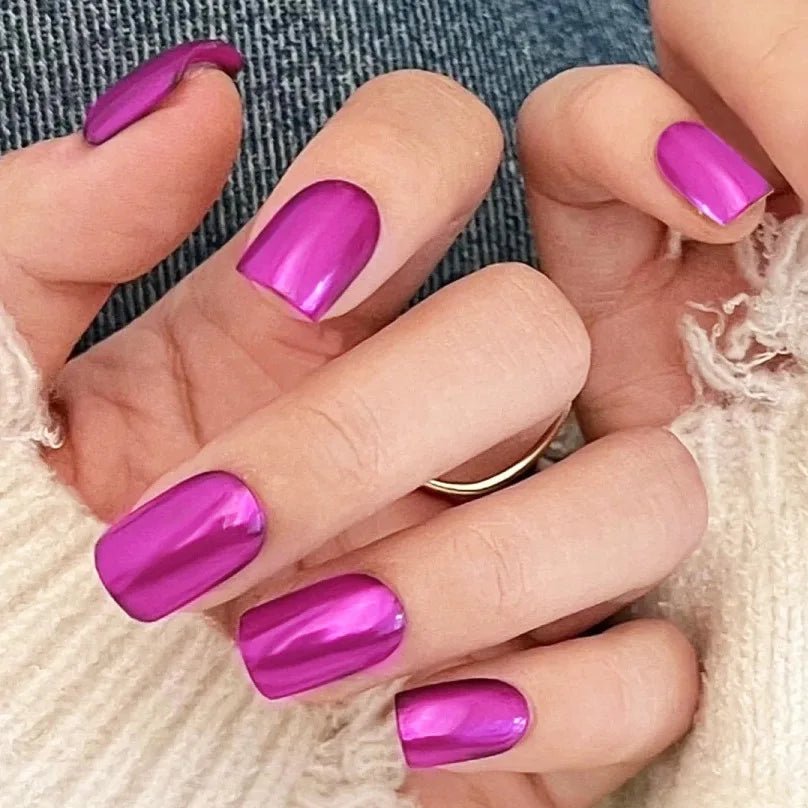 24pcs/set short fake nails metallic red black rose green blue silver golden square tips mirror effect press on false nail art - Hands of Hope