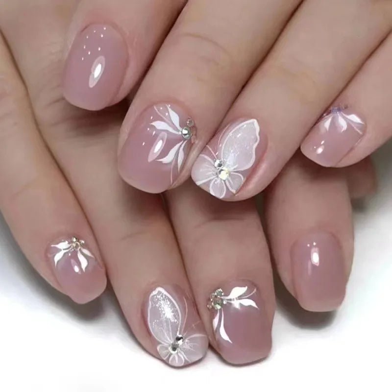24Pcs/Set Short French Wearing Fake Nails Art Pink Gentle Girl Glitter Pearlized Press on Nail Tips Cute Natural Sweet Ins Style - Hands of Hope