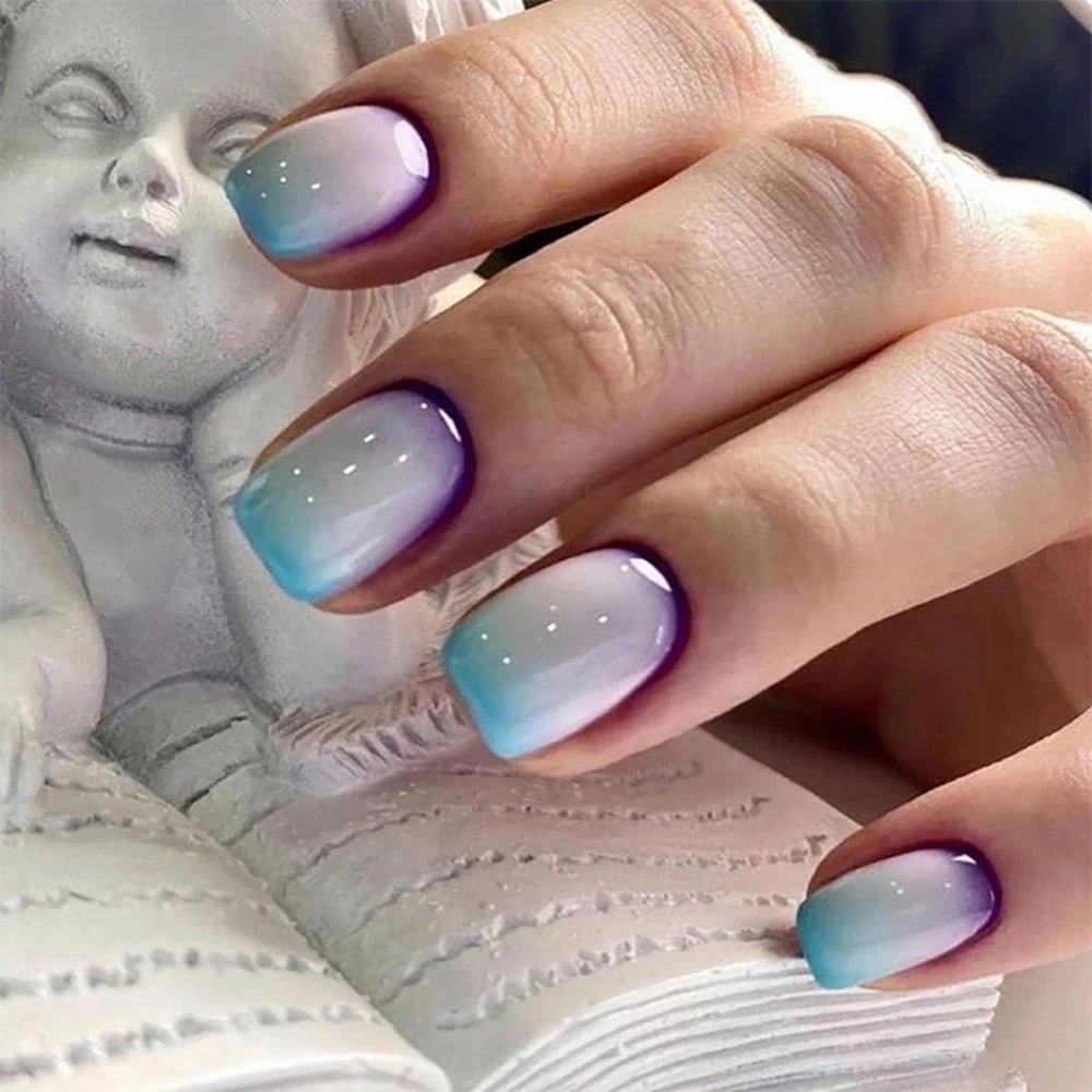 24pcs/set short square fake nails for women girls faux ongles fashion glitter geometric flowers design press on false nail kit - Hands of Hope