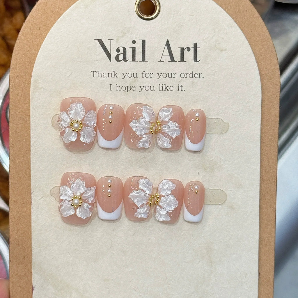 10Pcs Short Square Handmade Press On Nails Full Cover Flower Cat Eye Small Fresh Ballet False Nails Wearable Manicure Nail Tips