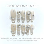 10Pcs Handmade Nails Long Ballet Pink with 3D Moon Nail Set