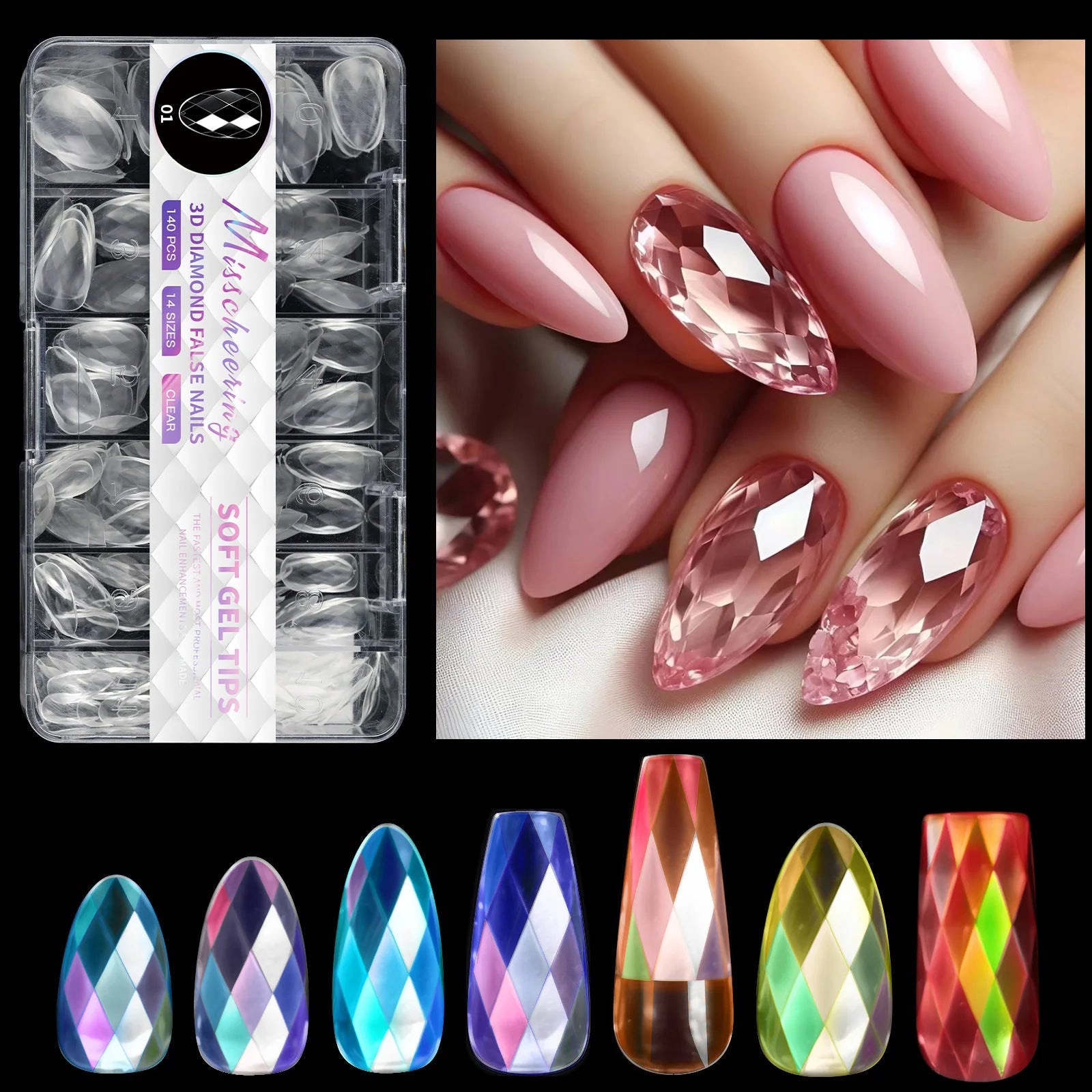 3D Diamond Gel False Nail Tips Almond Nail Ballet False Nails Acrylic Full Cover Press on Nails Manicure Extension Tools - Hands of Hope