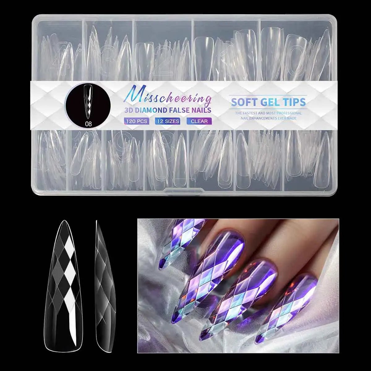 3D Diamond Rhombus False Clear Nail Tips Long Stiletto Coffin Full Cover Nail Art Decoration Tools 12 Sizes 120PC Press On Nails - Hands of Hope