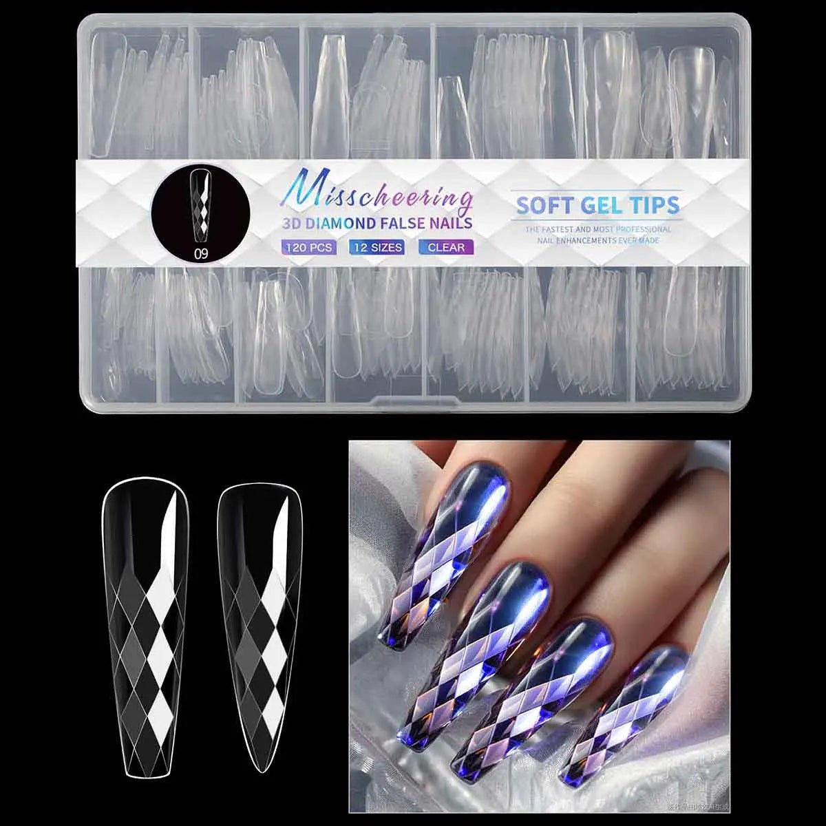 3D Diamond Rhombus False Clear Nail Tips Long Stiletto Coffin Full Cover Nail Art Decoration Tools 12 Sizes 120PC Press On Nails - Hands of Hope