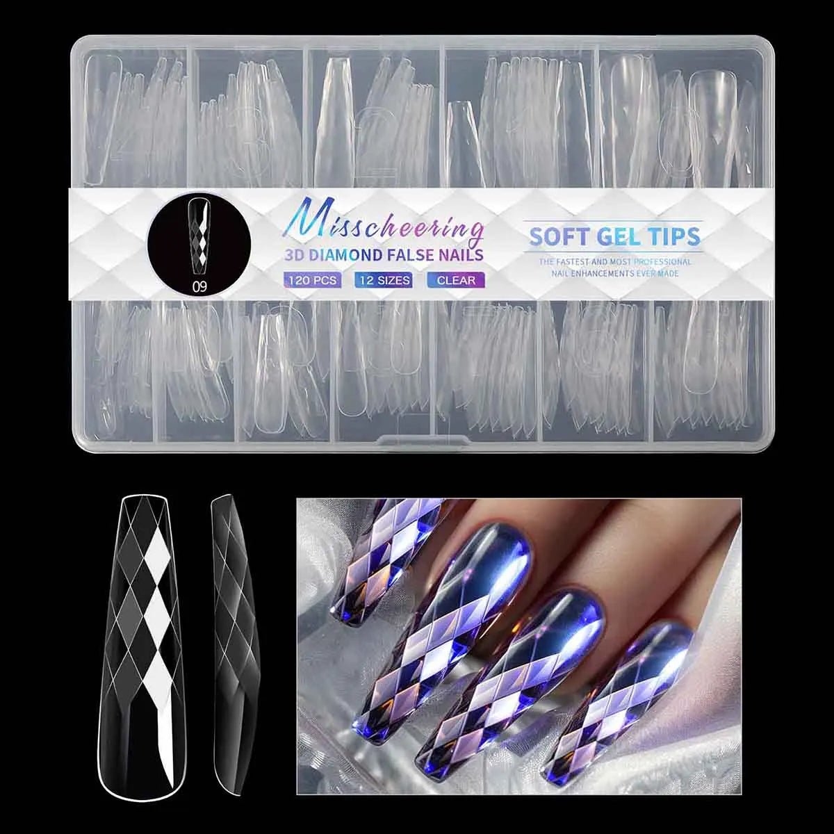 3D Diamond Rhombus False Clear Nail Tips Long Stiletto Coffin Full Cover Nail Art Decoration Tools 12 Sizes 120PC Press On Nails - Hands of Hope