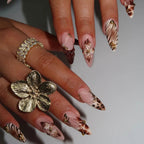 3D fake nails for women girls Gradient brown blue embossed flowers with rhinestones fall winter almond tips press on false nail - Hands of Hope