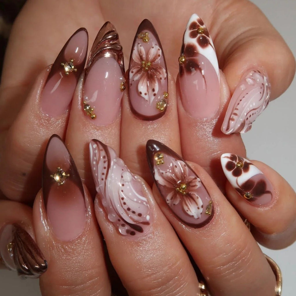 3D fake nails for women girls Gradient brown blue embossed flowers with rhinestones fall winter almond tips press on false nail - Hands of Hope