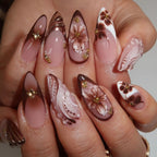 3D fake nails for women girls Gradient brown blue embossed flowers with rhinestones fall winter almond tips press on false nail - Hands of Hope