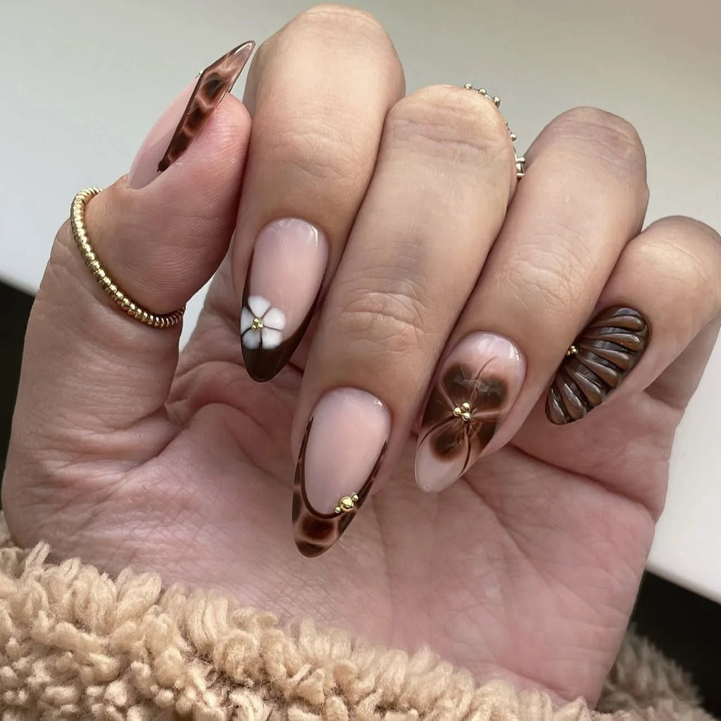 3D fake nails for women girls Gradient brown blue embossed flowers with rhinestones fall winter almond tips press on false nail - Hands of Hope