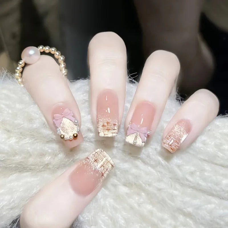 3D fake nails for women girls Gradient brown blue embossed flowers with rhinestones fall winter almond tips press on false nail - Hands of Hope