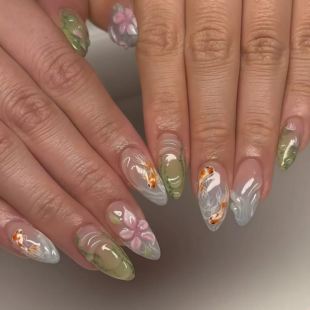 3D fake nails for women girls Gradient brown blue embossed flowers with rhinestones fall winter almond tips press on false nail - Hands of Hope