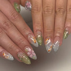 3D fake nails for women girls Gradient brown blue embossed flowers with rhinestones fall winter almond tips press on false nail - Hands of Hope