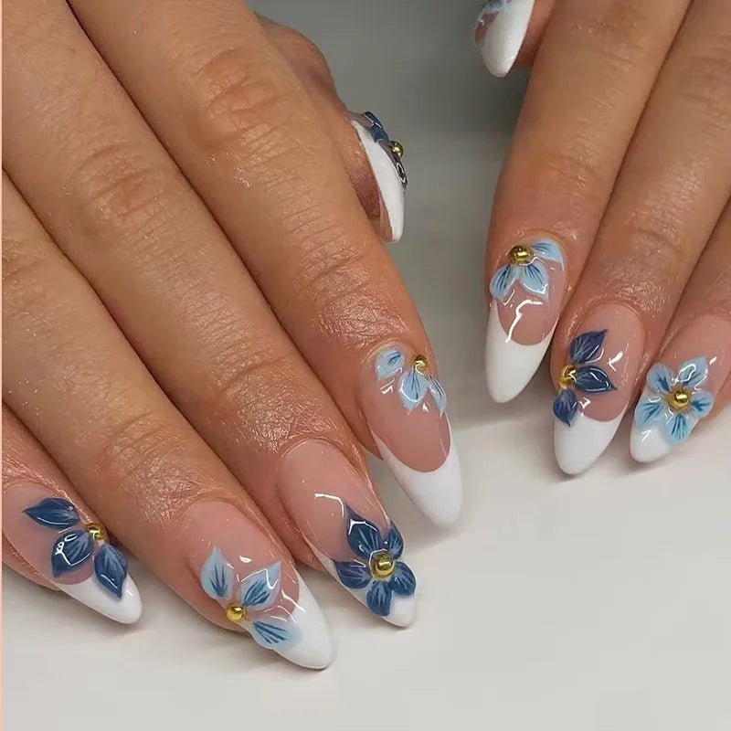3D fake nails for women girls Gradient brown blue embossed flowers with rhinestones fall winter almond tips press on false nail - Hands of Hope