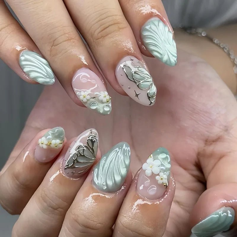 3D fake nails for women girls Gradient brown blue embossed flowers with rhinestones fall winter almond tips press on false nail - Hands of Hope