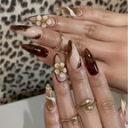 3D fake nails for women girls Gradient brown blue embossed flowers with rhinestones fall winter almond tips press on false nail - Hands of Hope