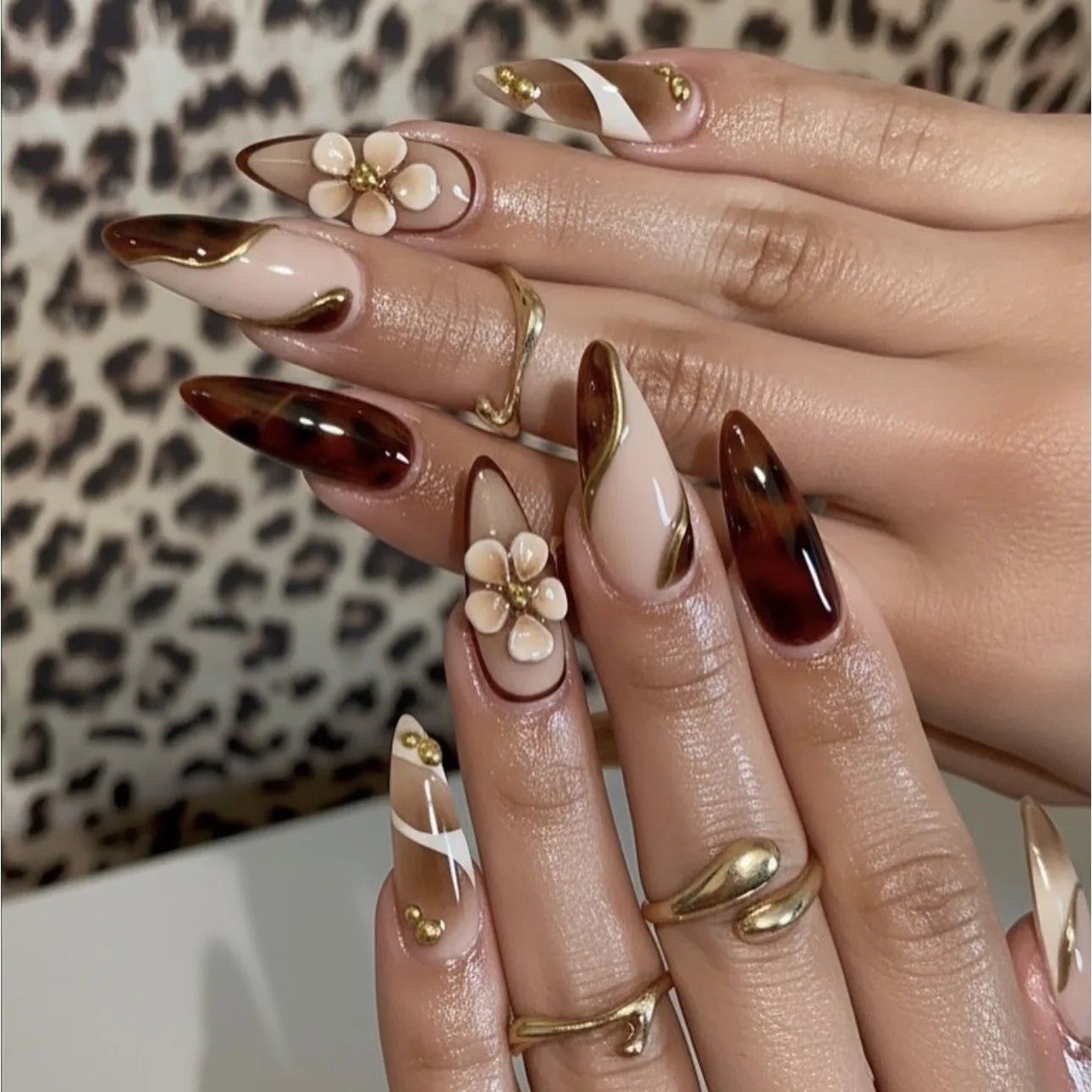 3D fake nails for women girls Gradient brown blue embossed flowers with rhinestones fall winter almond tips press on false nail - Hands of Hope