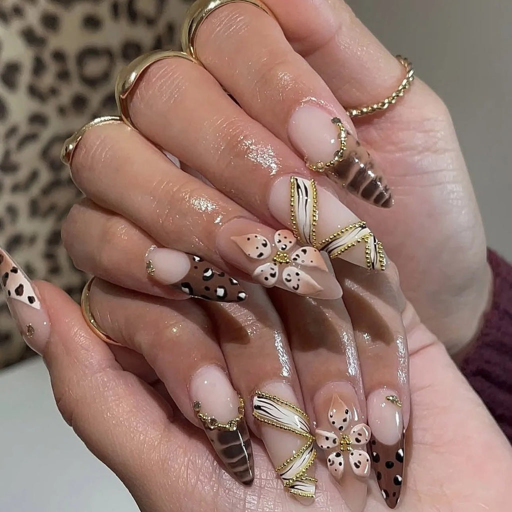 3D fake nails for women girls Gradient brown blue embossed flowers with rhinestones fall winter almond tips press on false nail - Hands of Hope
