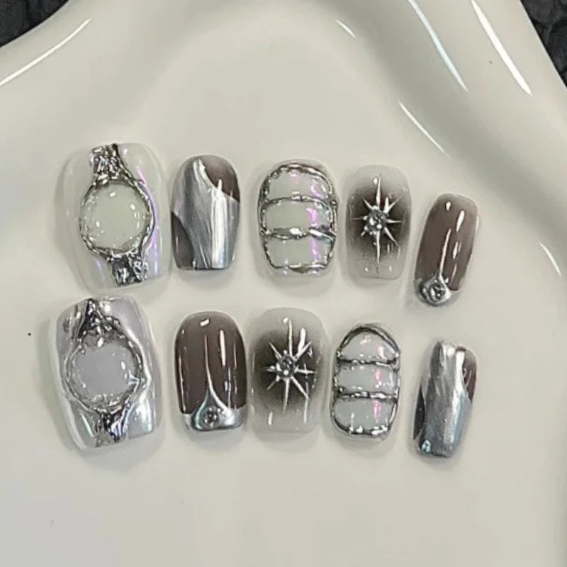 10Pcs Cute Short Round Handmade Fake Nail Glitter Colorful 3D Sweet Cool Art Finished Nail for Girl Wearable Full Cover Press On