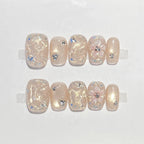 10Pcs Short Square Handmade Press On Nails Full Cover Flower Cat Eye Small Fresh Ballet False Nails Wearable Manicure Nail Tips