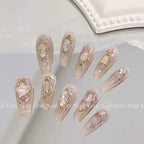 10Pcs Handmade Nails Long Ballet Pink with 3D Moon Nail Set