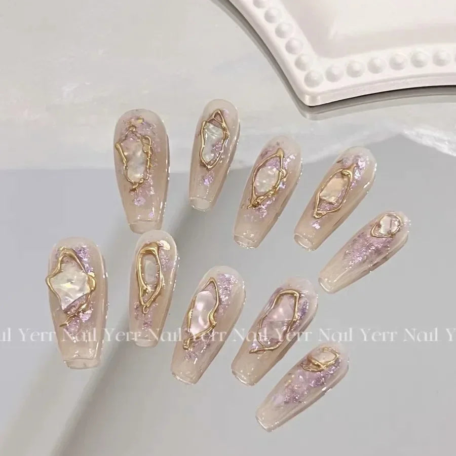 10Pcs Handmade Nails Long Ballet Pink with 3D Moon Nail Set