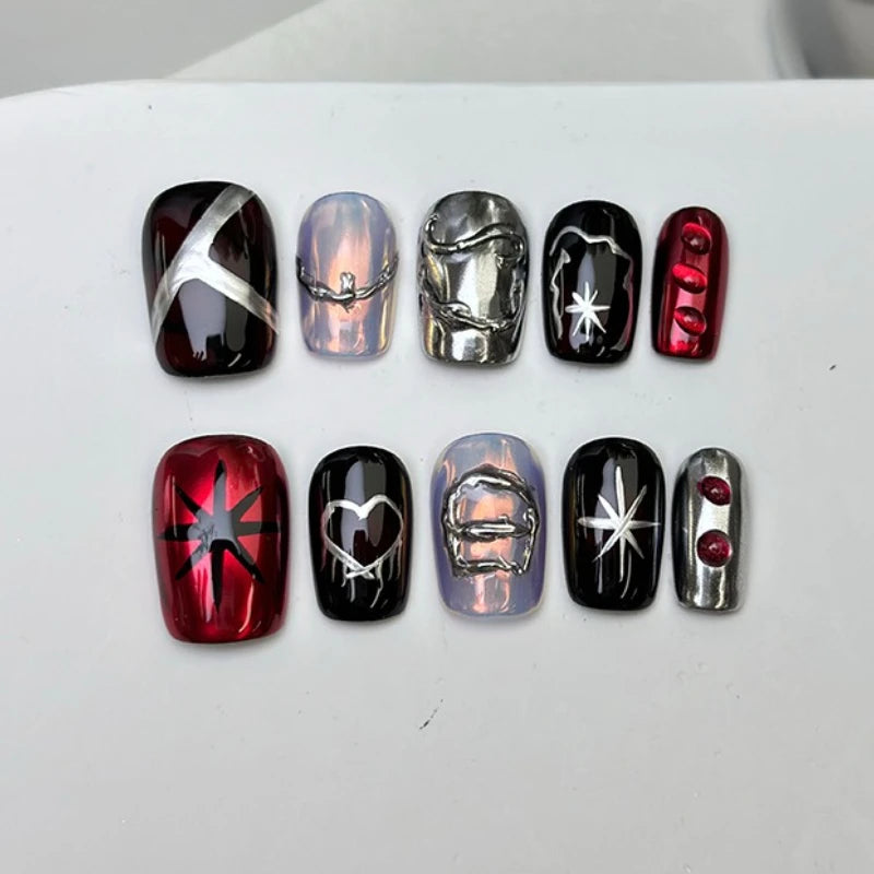 10Pcs Cute Short Round Handmade Fake Nail Glitter Colorful 3D Sweet Cool Art Finished Nail for Girl Wearable Full Cover Press On