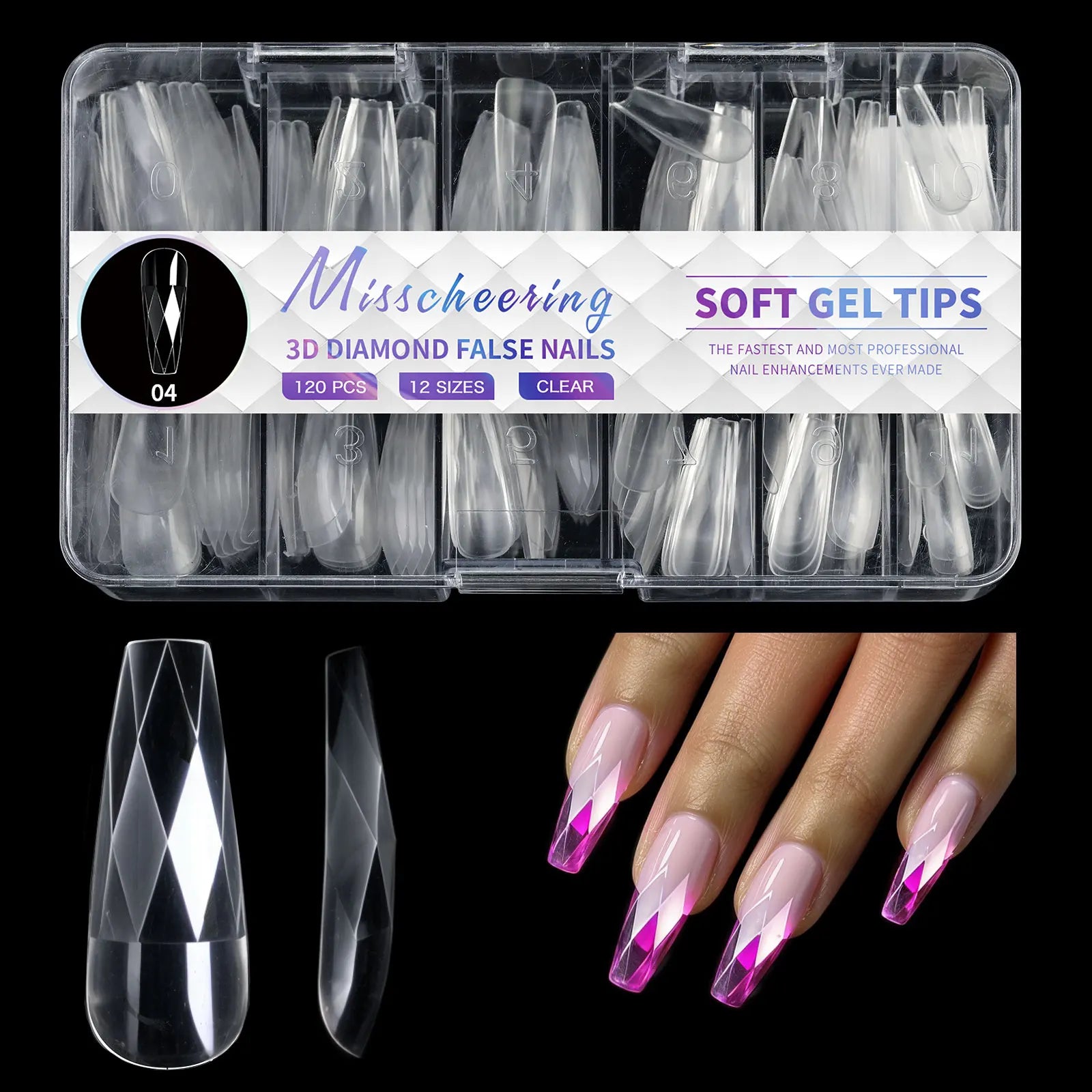 120/140Pcs 3D Diamond Almond Ballet Coffin False Nails Clear Press On Nails For Acrylic Gel Reusable Fake Tips DIY Nail Supplies