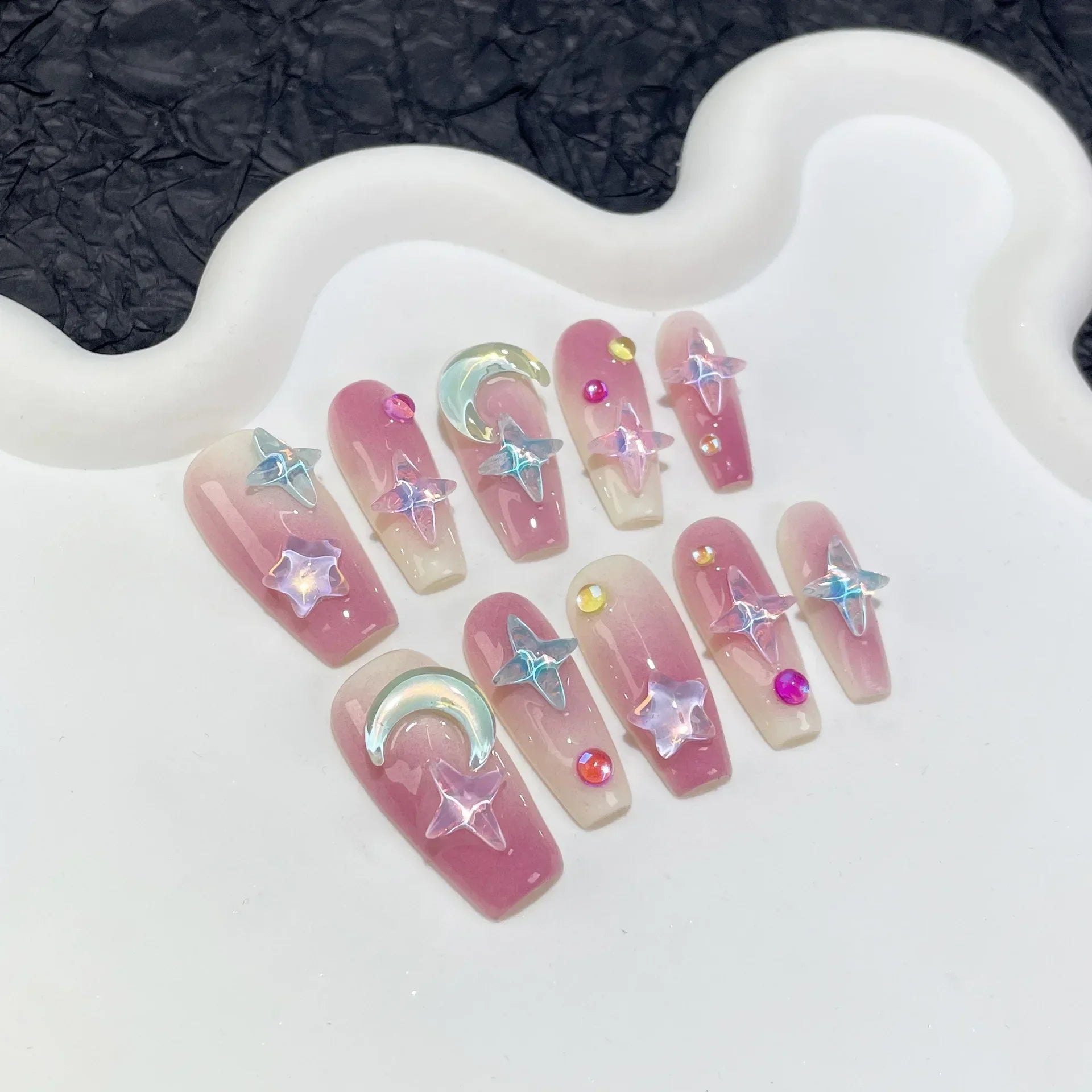 10Pcs Handmade Nails Long Ballet Pink with 3D Moon Nail Set