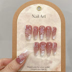 10Pcs Handmade Nails Long Ballet Pink with 3D Moon Nail Set