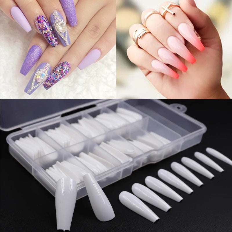 100pcs Press on Long Ballerina Clear/Natural/white Coffin Nails