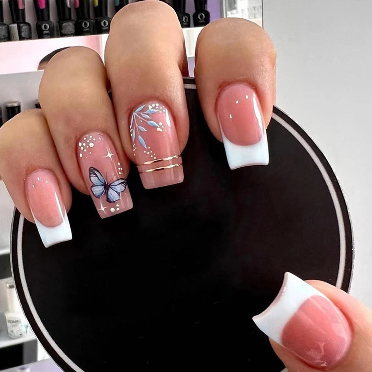 24 pieces of coffin shaped press on nails printed 3D effect fake nails with 1 nail glue and 1 nail file