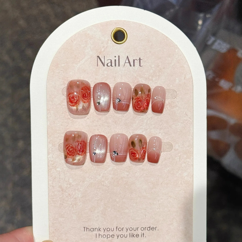 10Pcs Short Square Handmade Press On Nails Full Cover Flower Cat Eye Small Fresh Ballet False Nails Wearable Manicure Nail Tips