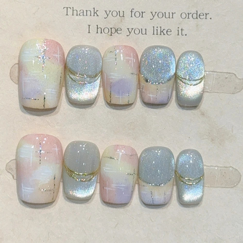 10Pcs Cute Short Round Handmade Fake Nail Glitter Colorful 3D Sweet Cool Art Finished Nail for Girl Wearable Full Cover Press On