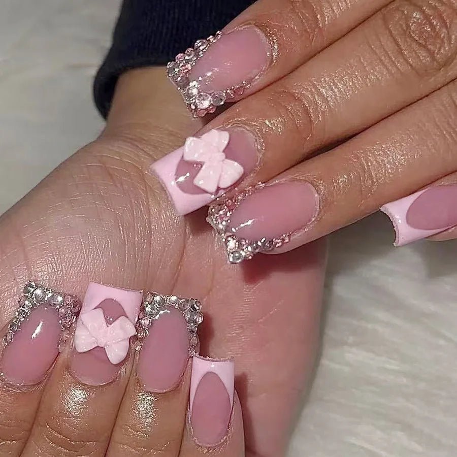 Blush Pink False Nails Bowknot Diamond Pearl 3D Design Press on Nail Tips with Harmless Smooth Edge Nails Woman DIY Fake Nails - Hands of Hope