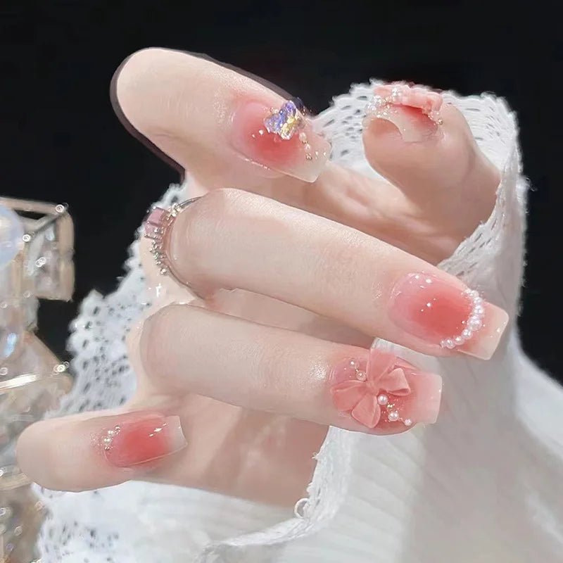 Blush Pink False Nails Bowknot Diamond Pearl 3D Design Press on Nail Tips with Harmless Smooth Edge Nails Woman DIY Fake Nails - Hands of Hope