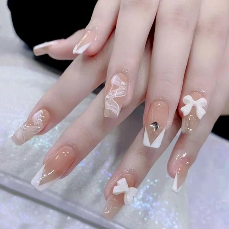 Blush Pink False Nails Bowknot Diamond Pearl 3D Design Press on Nail Tips with Harmless Smooth Edge Nails Woman DIY Fake Nails - Hands of Hope