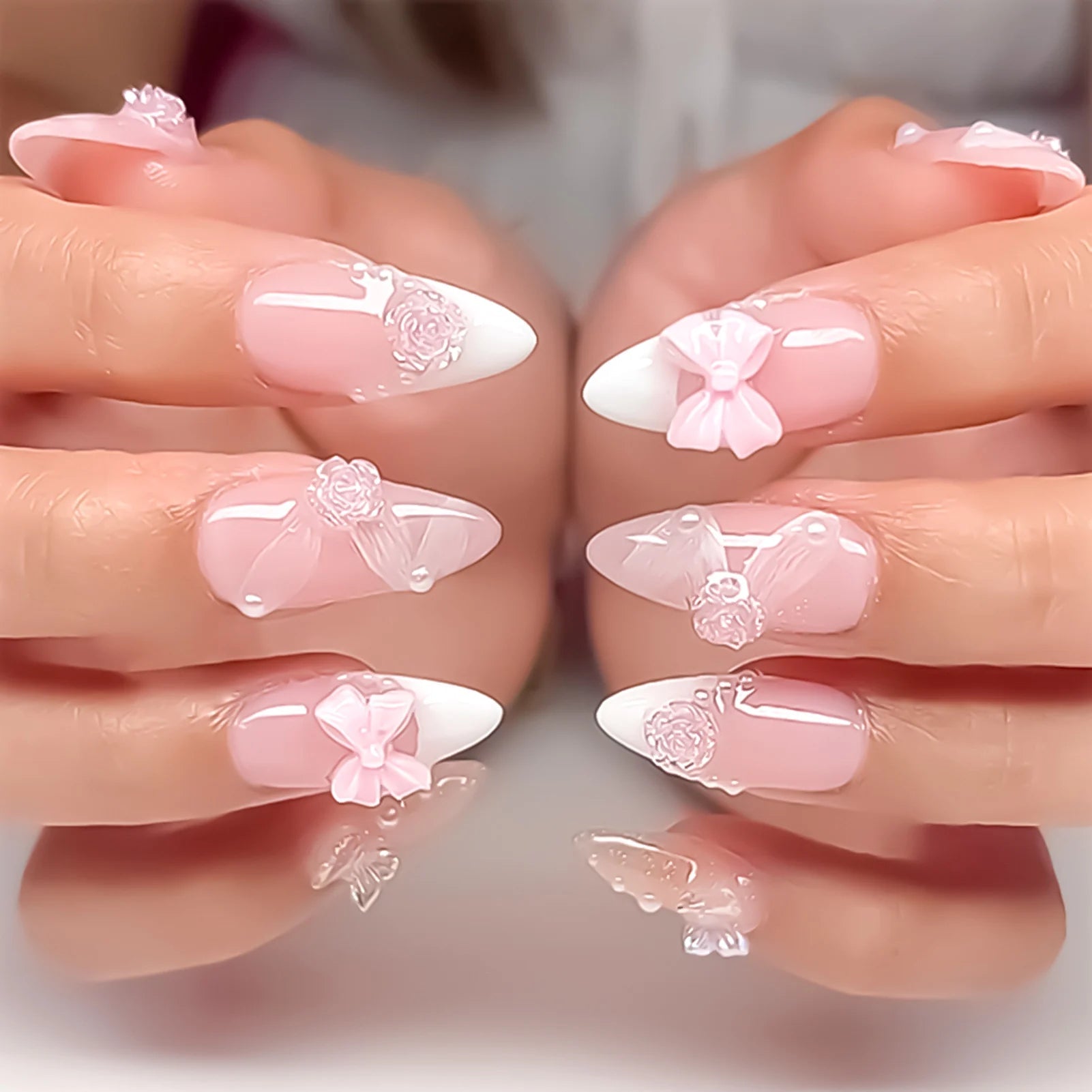 Blush Pink False Nails Bowknot Diamond Pearl 3D Design Press on Nail Tips with Harmless Smooth Edge Nails Woman DIY Fake Nails - Hands of Hope