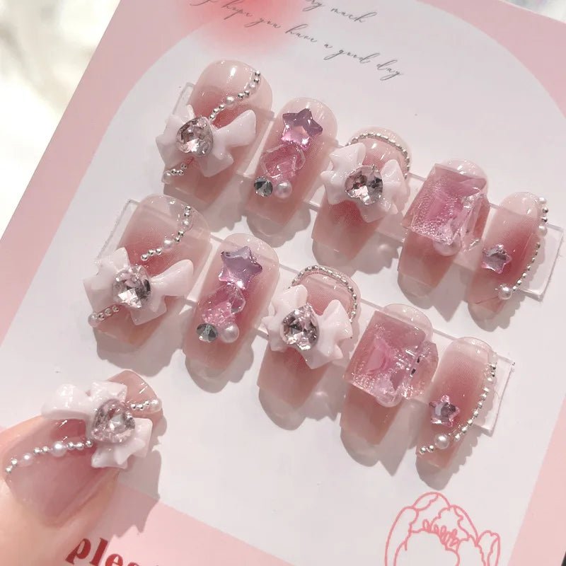Blush Pink False Nails Bowknot Diamond Pearl 3D Design Press on Nail Tips with Harmless Smooth Edge Nails Woman DIY Fake Nails - Hands of Hope