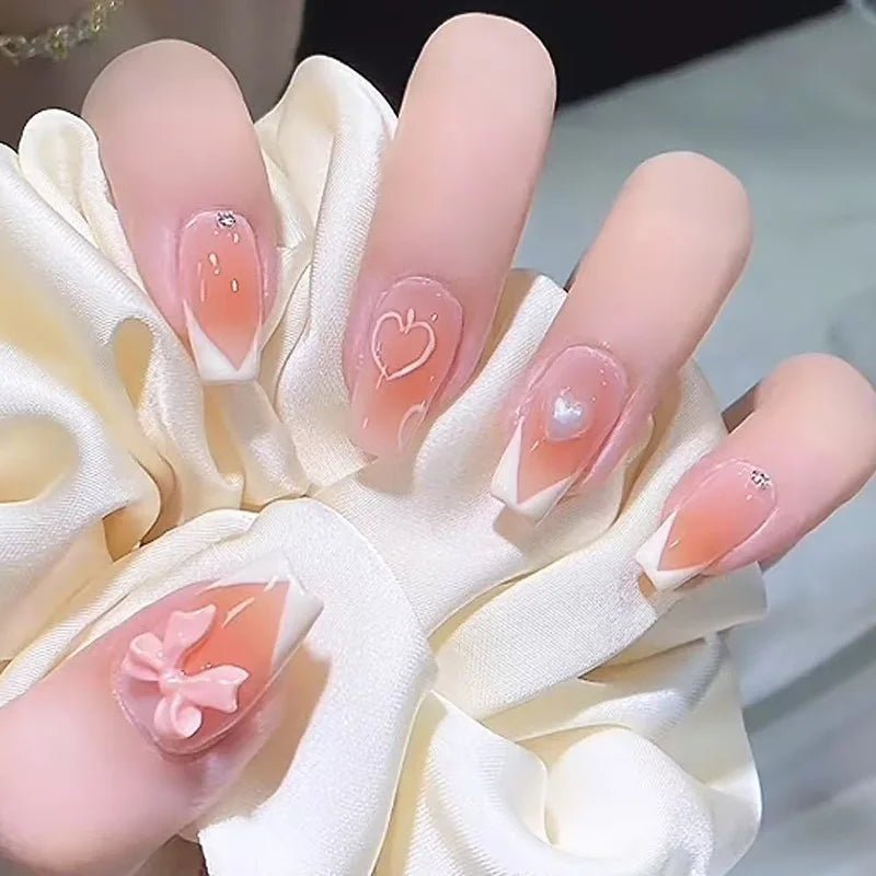 Blush Pink False Nails Bowknot Diamond Pearl 3D Design Press on Nail Tips with Harmless Smooth Edge Nails Woman DIY Fake Nails - Hands of Hope