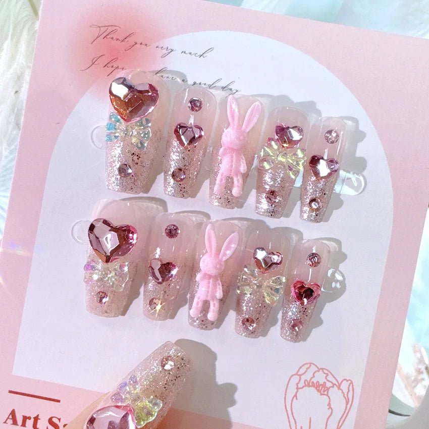 Blush Pink False Nails Bowknot Diamond Pearl 3D Design Press on Nail Tips with Harmless Smooth Edge Nails Woman DIY Fake Nails - Hands of Hope