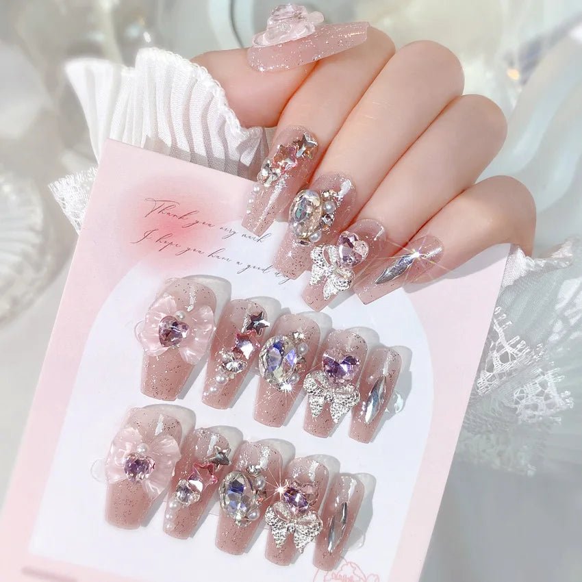Blush Pink False Nails Bowknot Diamond Pearl 3D Design Press on Nail Tips with Harmless Smooth Edge Nails Woman DIY Fake Nails - Hands of Hope