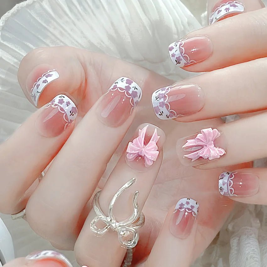 Blush Pink False Nails Bowknot Diamond Pearl 3D Design Press on Nail Tips with Harmless Smooth Edge Nails Woman DIY Fake Nails - Hands of Hope
