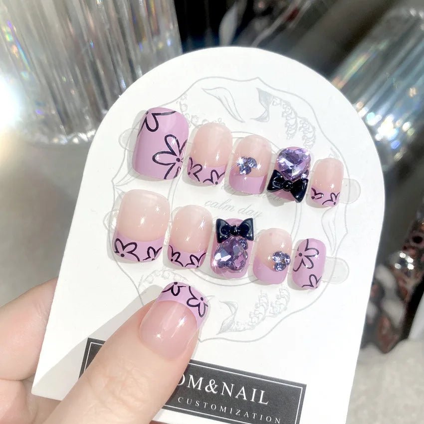 Blush Pink False Nails Bowknot Diamond Pearl 3D Design Press on Nail Tips with Harmless Smooth Edge Nails Woman DIY Fake Nails - Hands of Hope