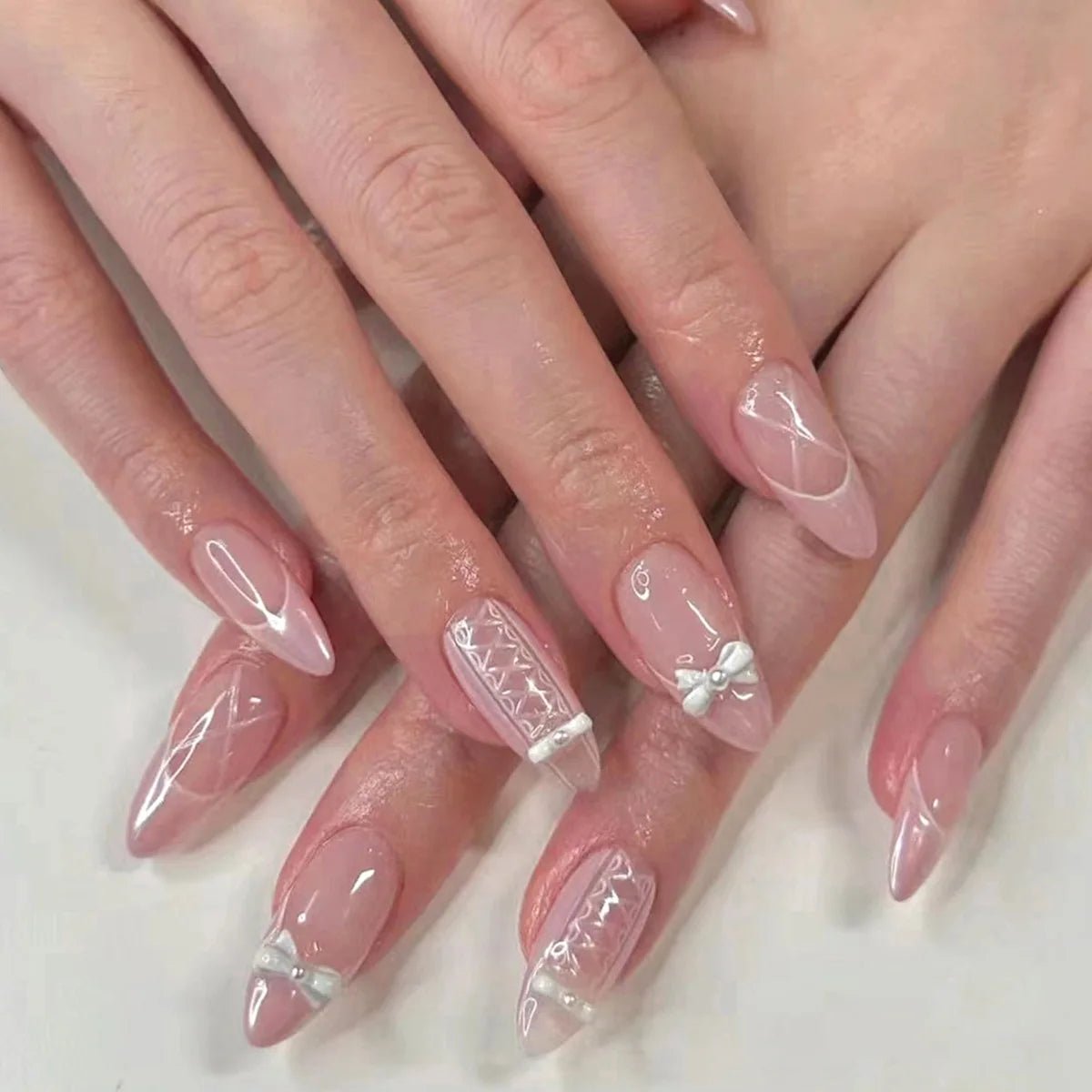 Blush Pink False Nails Bowknot Diamond Pearl 3D Design Press on Nail Tips with Harmless Smooth Edge Nails Woman DIY Fake Nails - Hands of Hope