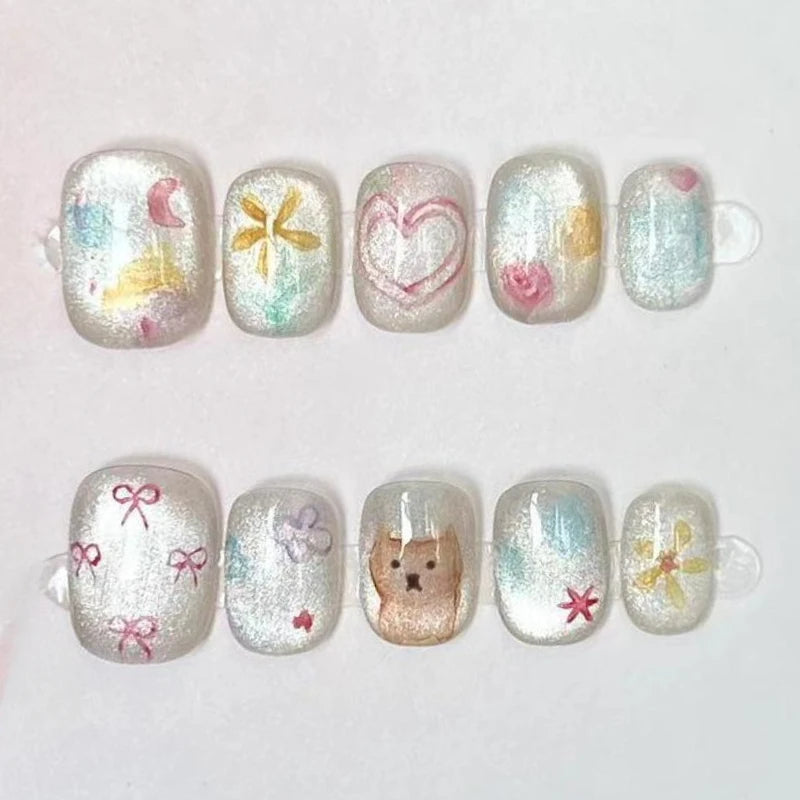 10Pcs Cute Short Round Handmade Fake Nail Glitter Colorful 3D Sweet Cool Art Finished Nail for Girl Wearable Full Cover Press On