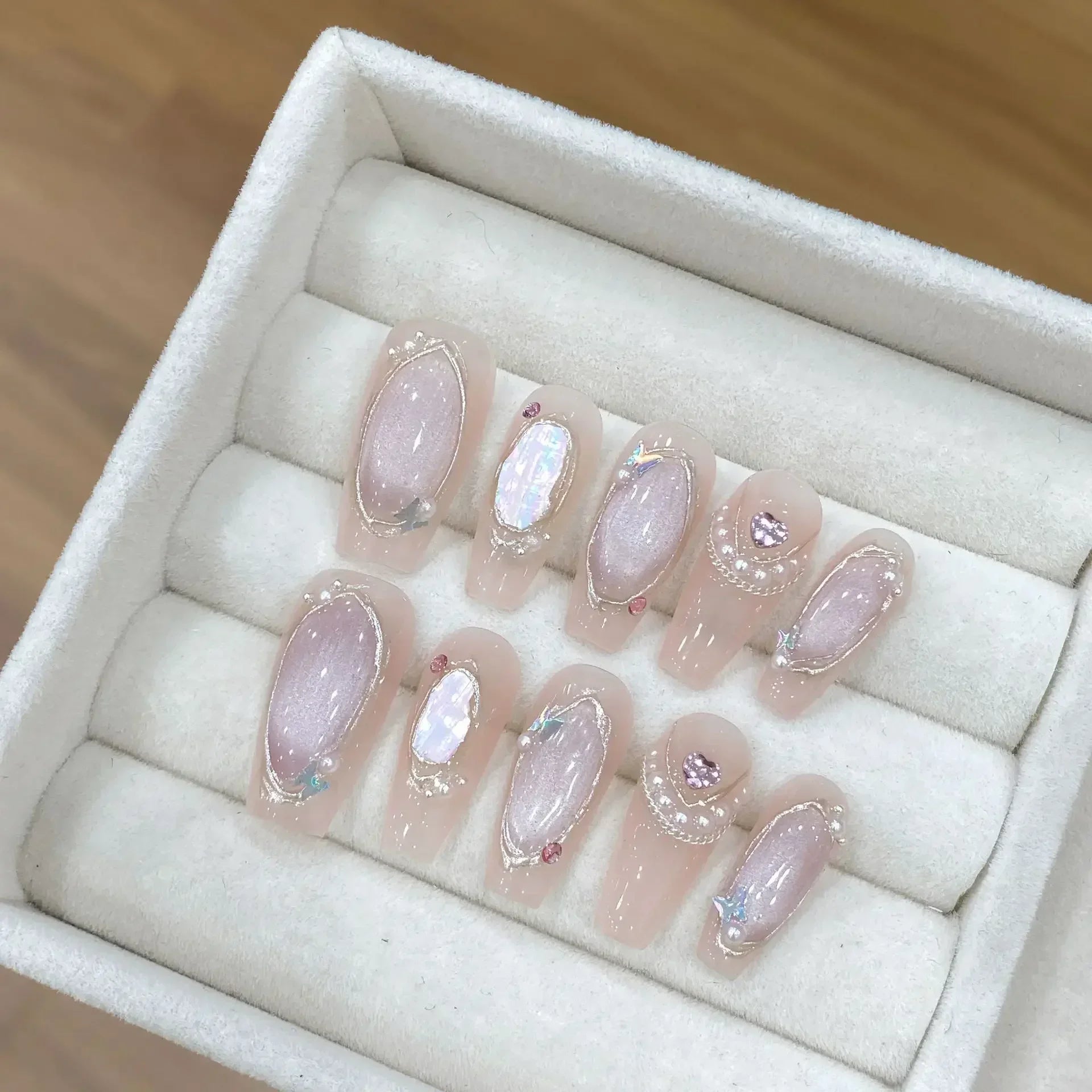 10Pcs Handmade Nails Long Ballet Pink with 3D Moon Nail Set