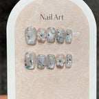 10Pcs Short Square Handmade Press On Nails Full Cover Flower Cat Eye Small Fresh Ballet False Nails Wearable Manicure Nail Tips