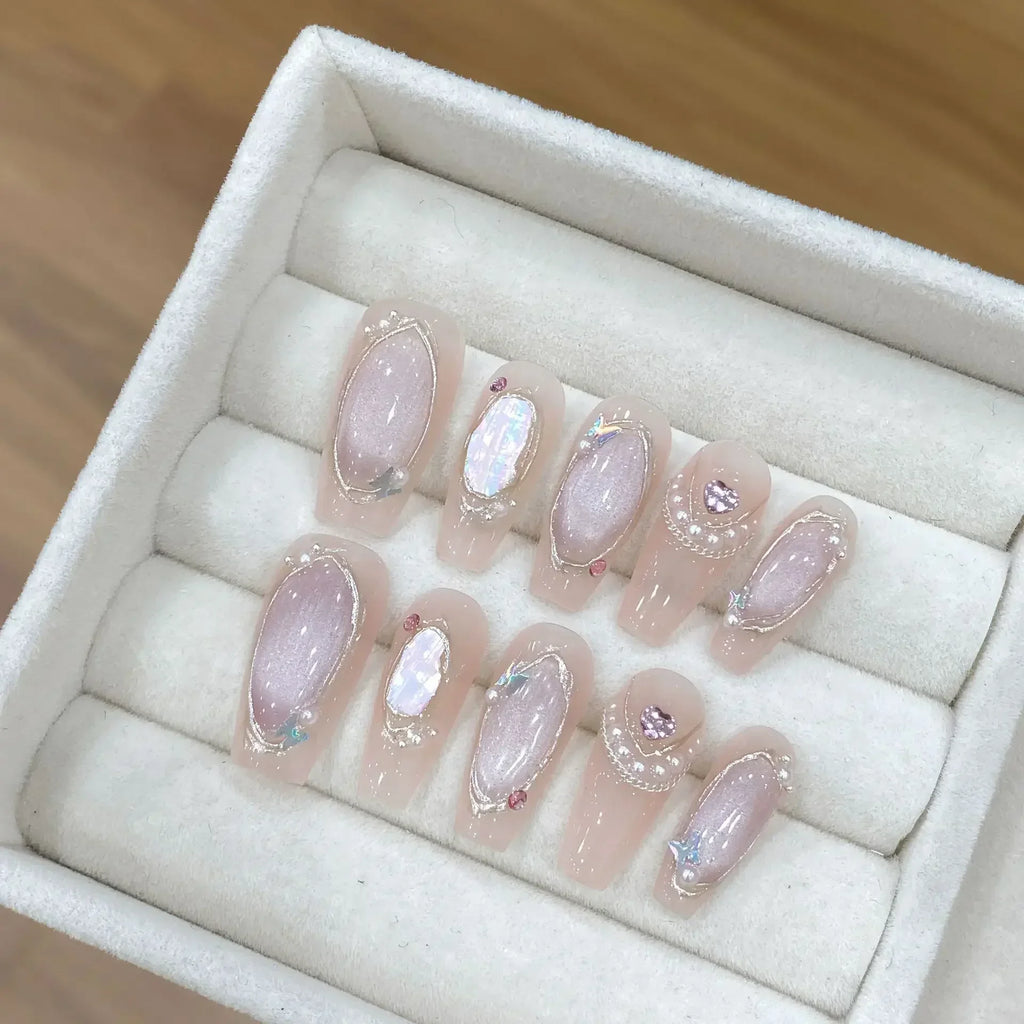 10Pcs Handmade Nails Long Ballet Pink with 3D Moon Nail Set