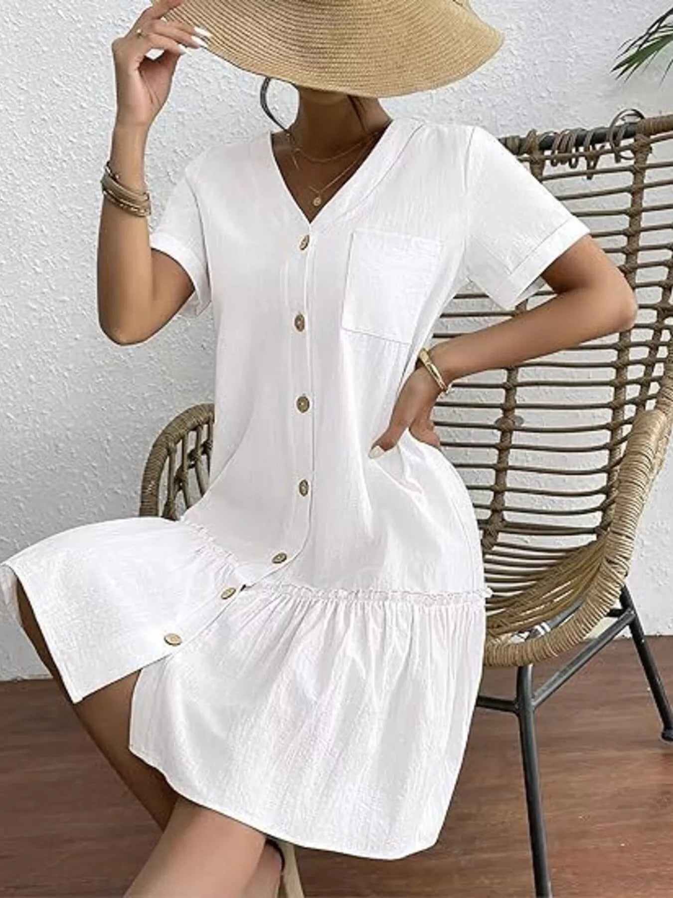 Full Size Button - Front Short Sleeve Tiered Dress Plus Size - Hands of Hope